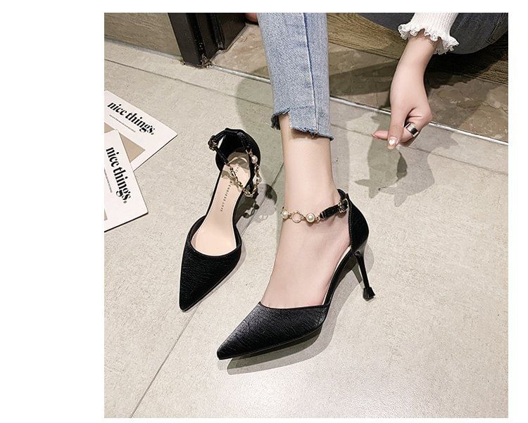 Faux Pointed Pearl Pumps Toe Strap D'Orsay Ankle