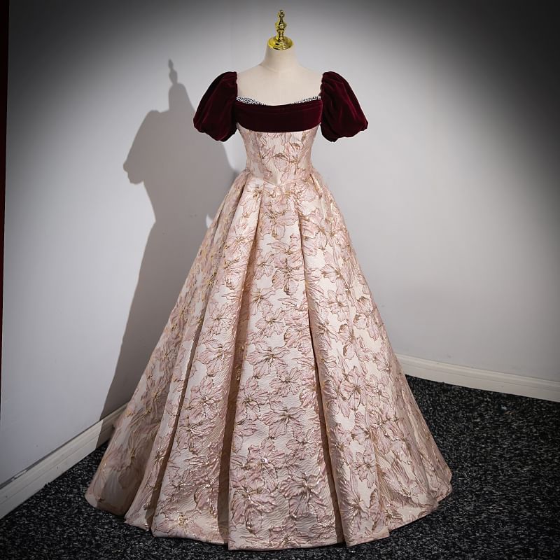 Short-Sleeve Off Shoulder Print Evening Ball Gown