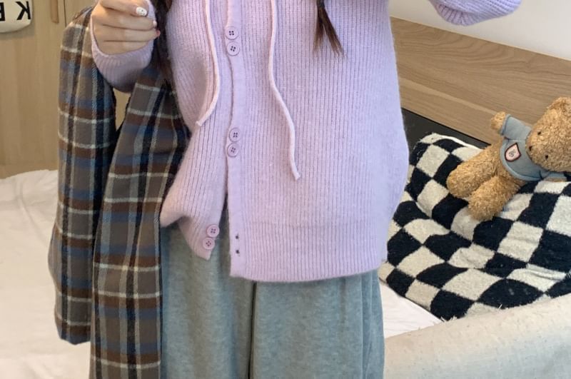 Hooded Button-Up Cardigan Plain