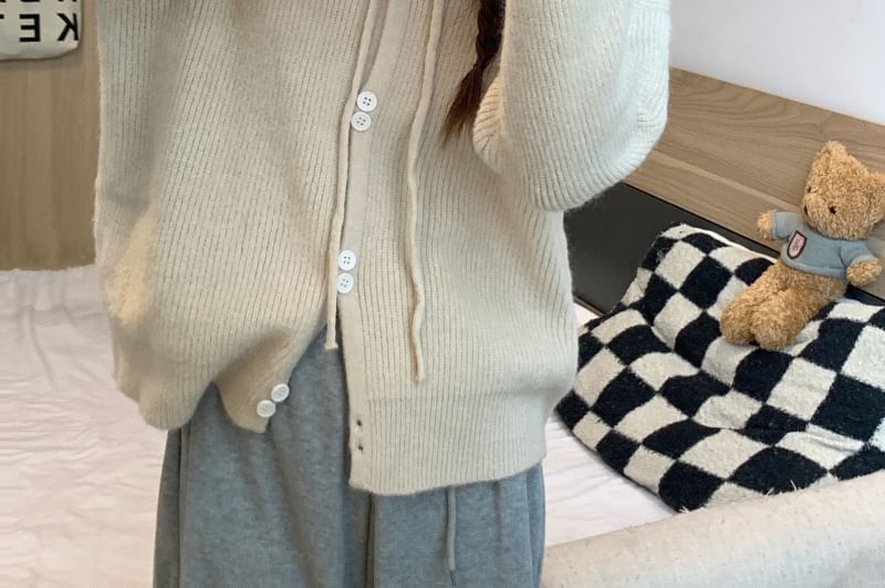 Hooded Button-Up Cardigan Plain