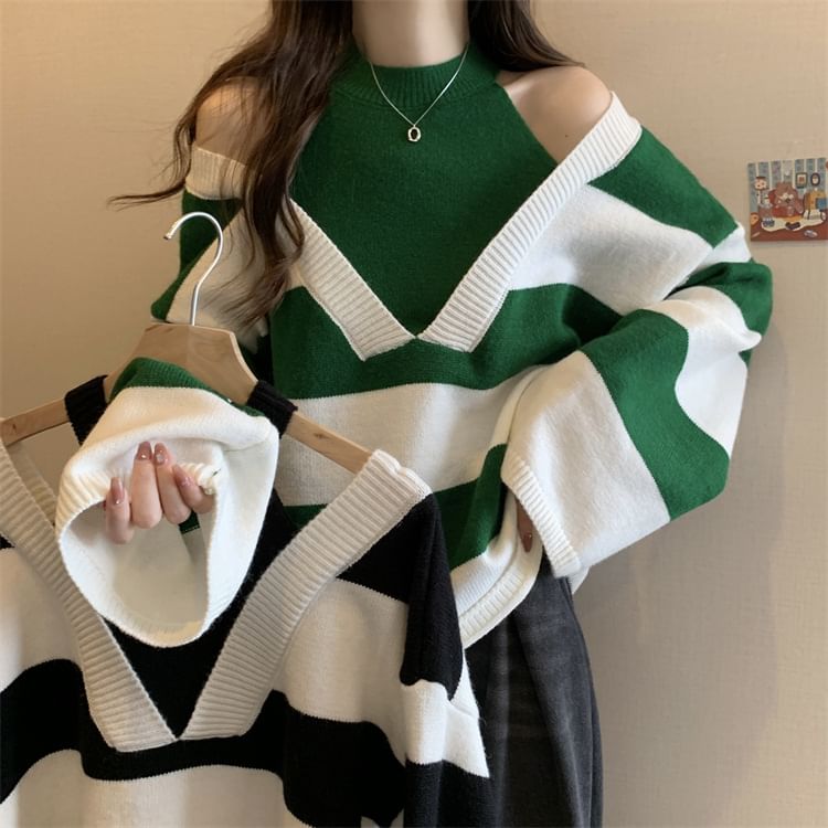 Long-Sleeve Sweater Striped Two-Piece Mock