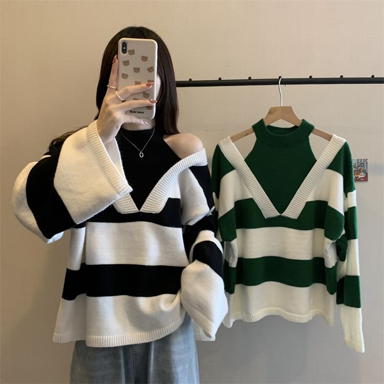 Long-Sleeve Sweater Striped Two-Piece Mock