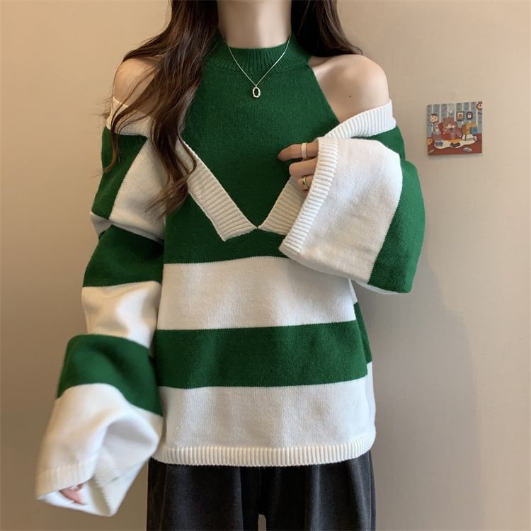 Long-Sleeve Sweater Striped Two-Piece Mock