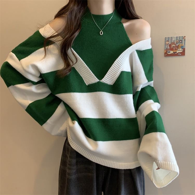 Long-Sleeve Sweater Striped Two-Piece Mock