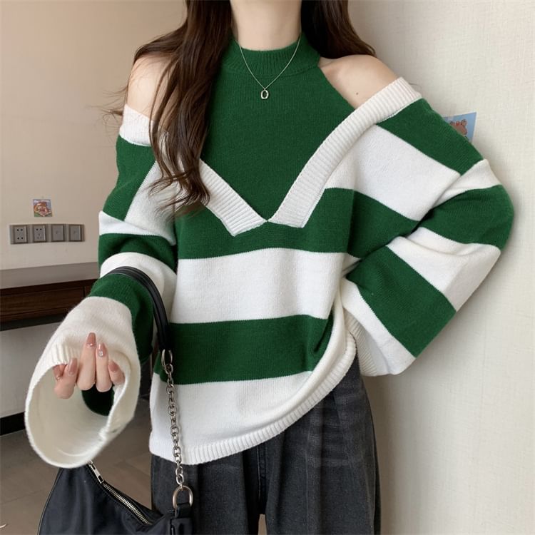 Long-Sleeve Sweater Striped Two-Piece Mock