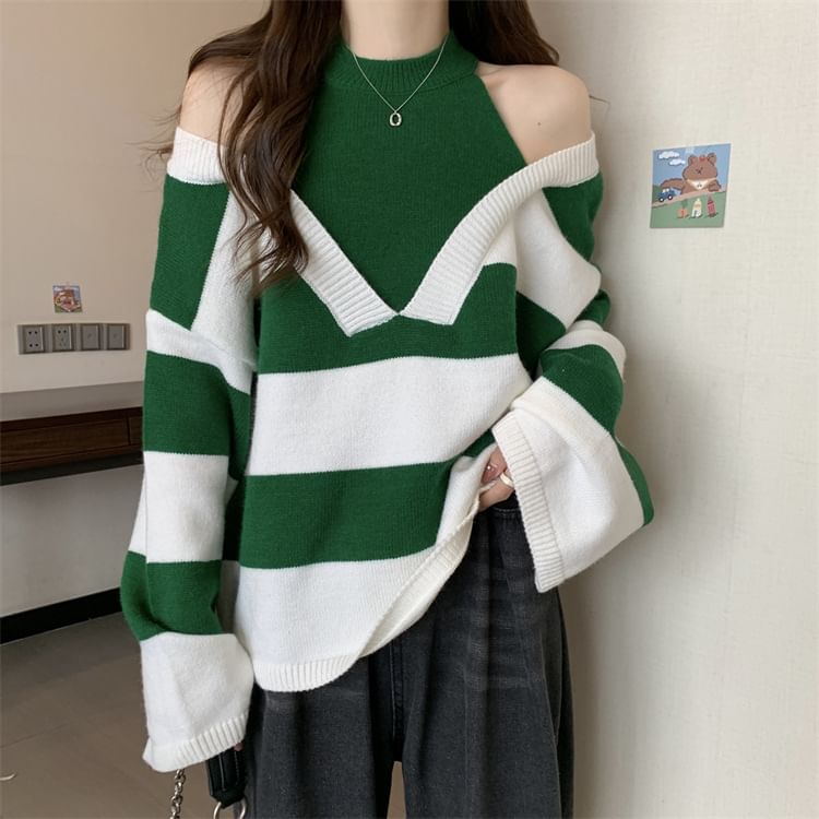 Long-Sleeve Sweater Striped Two-Piece Mock