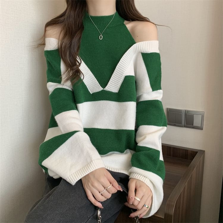 Long-Sleeve Sweater Striped Two-Piece Mock