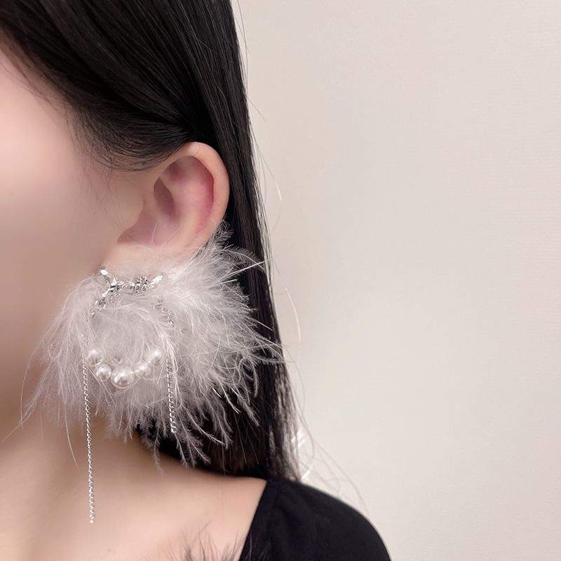 Stud Feather Earring Faux Pearl