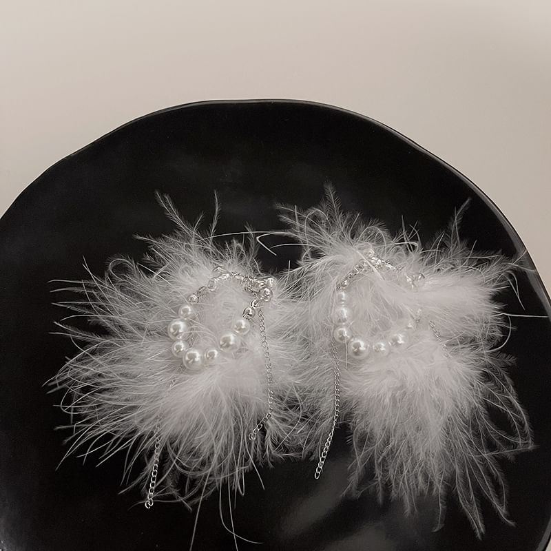Stud Feather Earring Faux Pearl