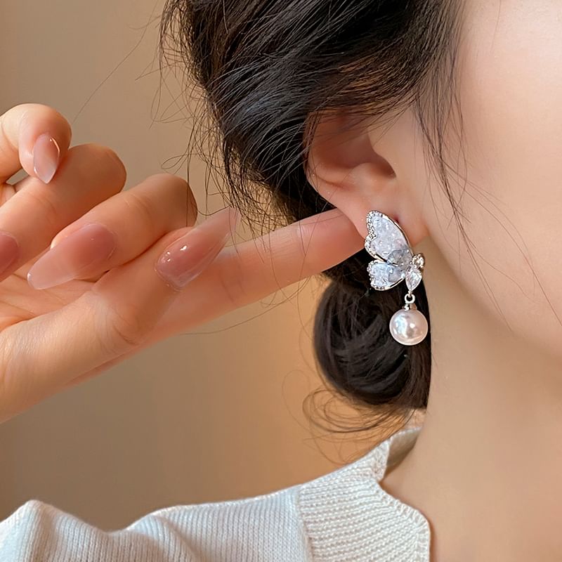 Earring Butterfly Pearl Alloy Crystal Drop Faux