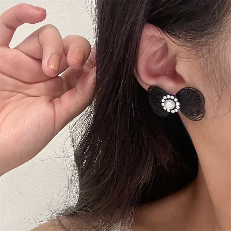 Faux Alloy Stud Earring Bow Pearl