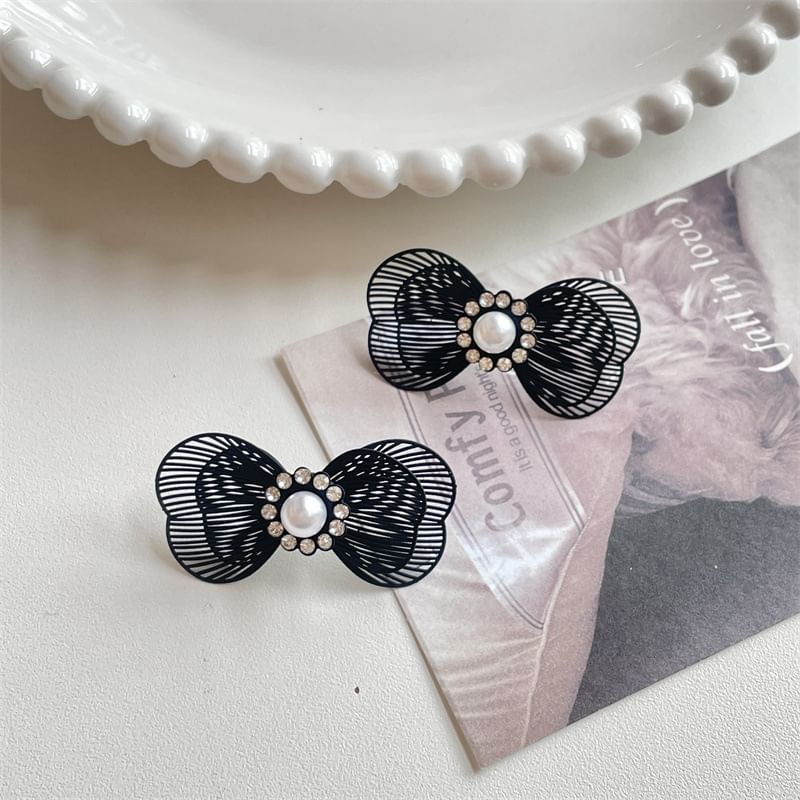 Faux Alloy Stud Earring Bow Pearl