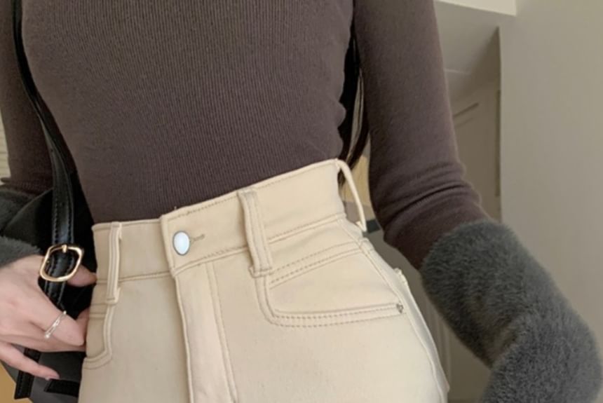 Mid Waist Fleece Denim Shorts