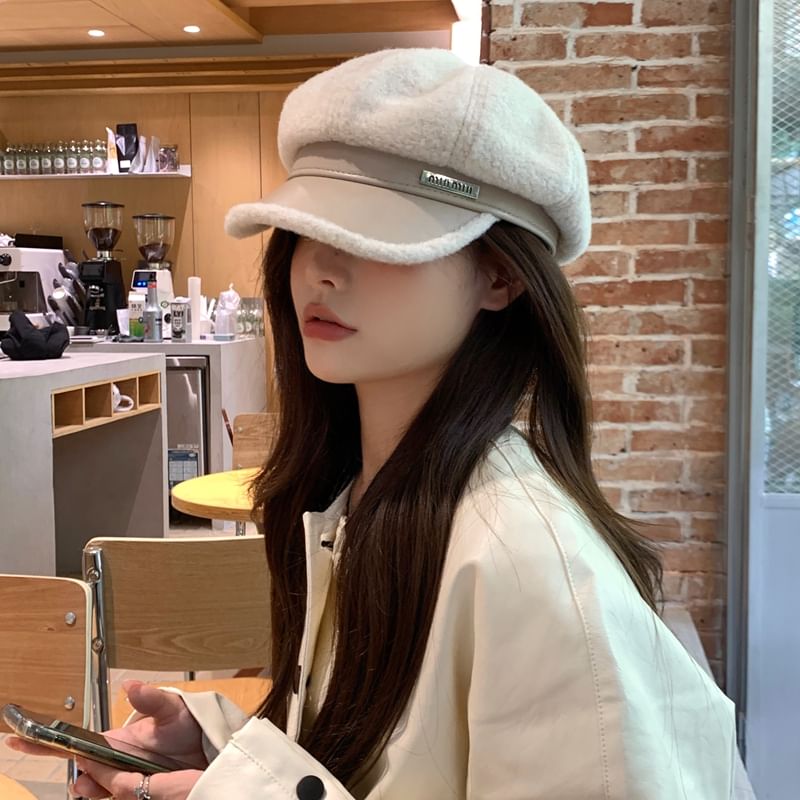 Faux Cap Leather Fleece Panel Newsboy