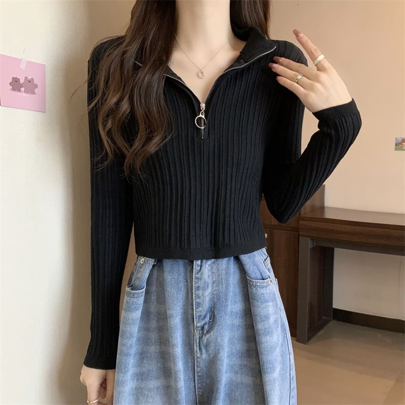 Long-Sleeve Plain Slim-Fit Half Knit Top Zip Mock-Neck