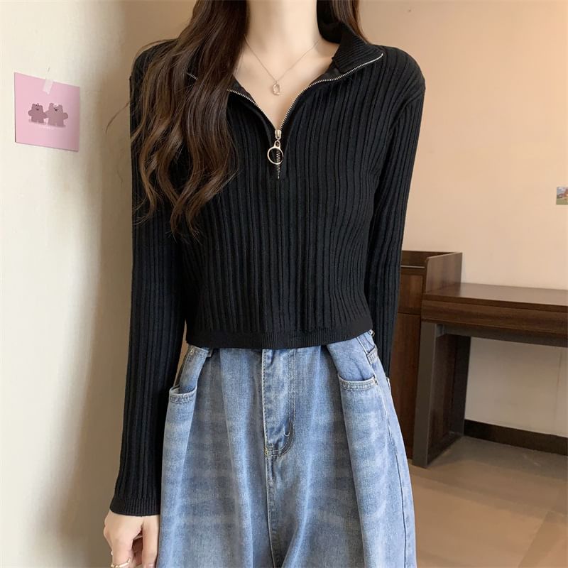 Long-Sleeve Plain Slim-Fit Half Knit Top Zip Mock-Neck
