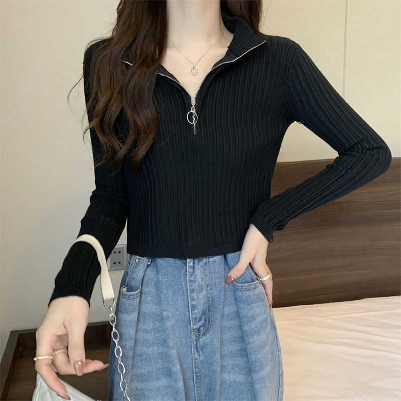 Long-Sleeve Plain Slim-Fit Half Knit Top Zip Mock-Neck