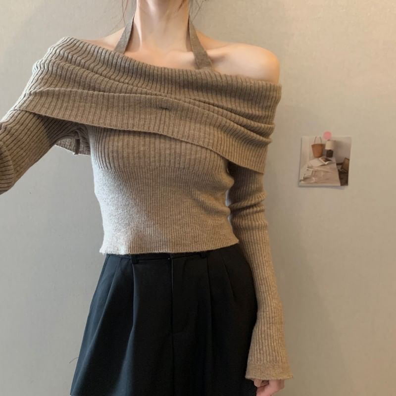 Off-Shoulder Long-Sleeve Halter Sweater