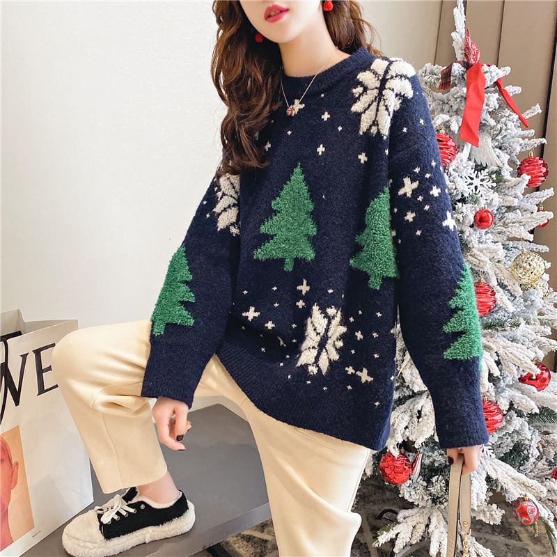 Christmas Neck Jacquard Sweater Crew Tree