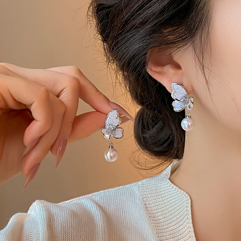 Earring Butterfly Pearl Alloy Crystal Drop Faux