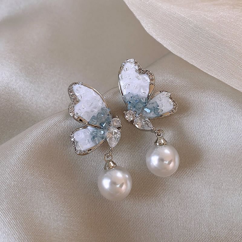 Earring Butterfly Pearl Alloy Crystal Drop Faux