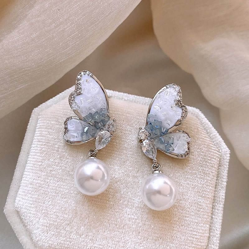 Earring Butterfly Pearl Alloy Crystal Drop Faux