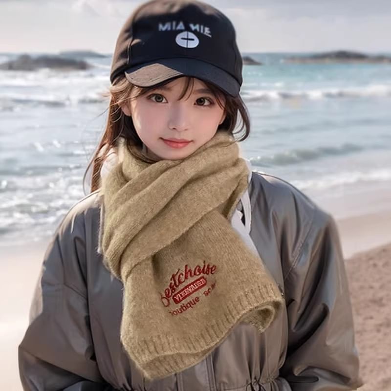 Lettering Embroidered Knit Scarf