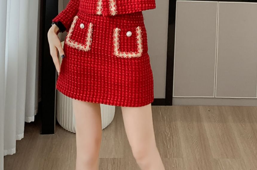 Set: Crew Neck Tweed Contrast Trim Button-Up Crop Jacket + High Waist Mini Straight Skirt