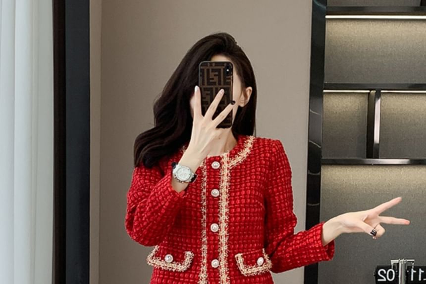 Set: Crew Neck Tweed Contrast Trim Button-Up Crop Jacket + High Waist Mini Straight Skirt