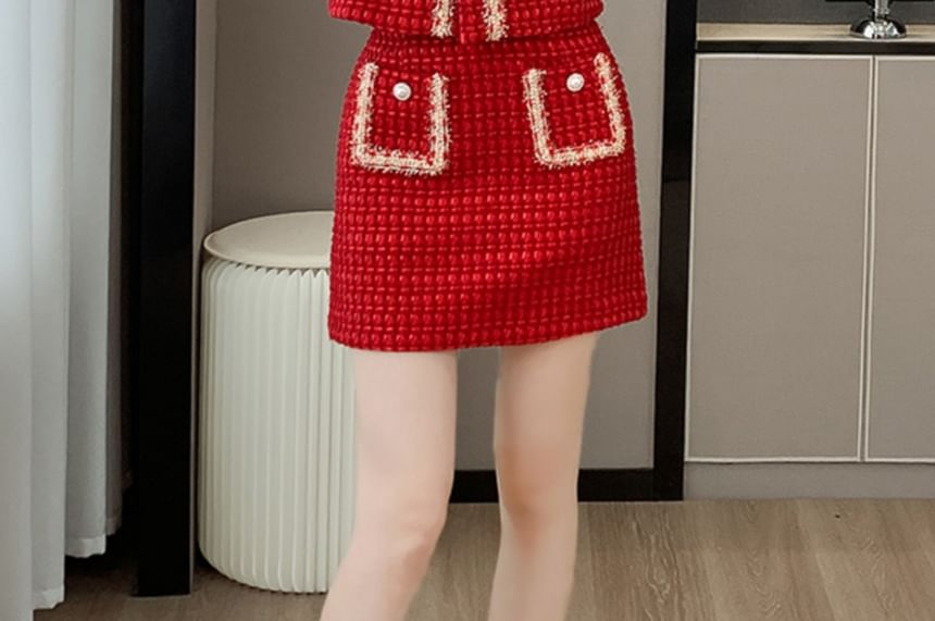 Set: Crew Neck Tweed Contrast Trim Button-Up Crop Jacket + High Waist Mini Straight Skirt