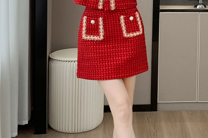 Set: Crew Neck Tweed Contrast Trim Button-Up Crop Jacket + High Waist Mini Straight Skirt