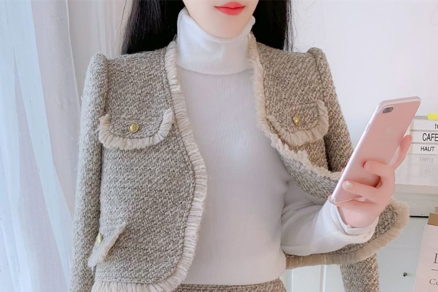 Set: V-Neck Tweed Frayed Button-Up Crop Jacket + High Waist Mini Pencil Skirt