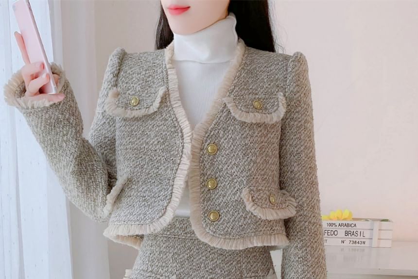 Set: V-Neck Tweed Frayed Button-Up Crop Jacket + High Waist Mini Pencil Skirt