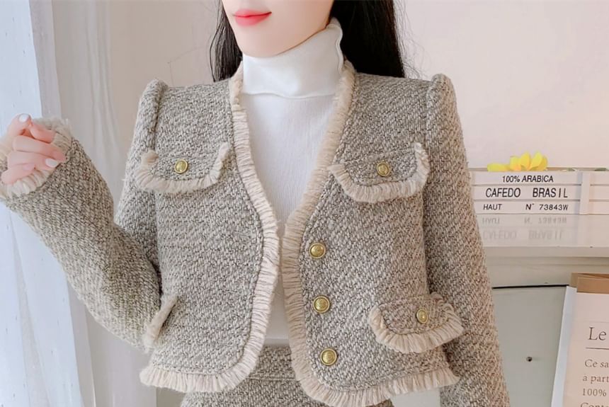 Set: V-Neck Tweed Frayed Button-Up Crop Jacket + High Waist Mini Pencil Skirt