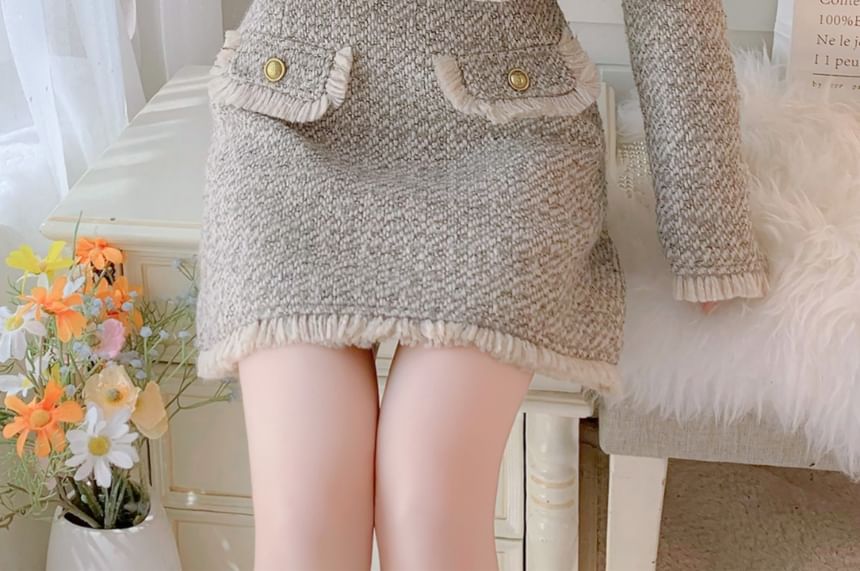 Set: V-Neck Tweed Frayed Button-Up Crop Jacket + High Waist Mini Pencil Skirt