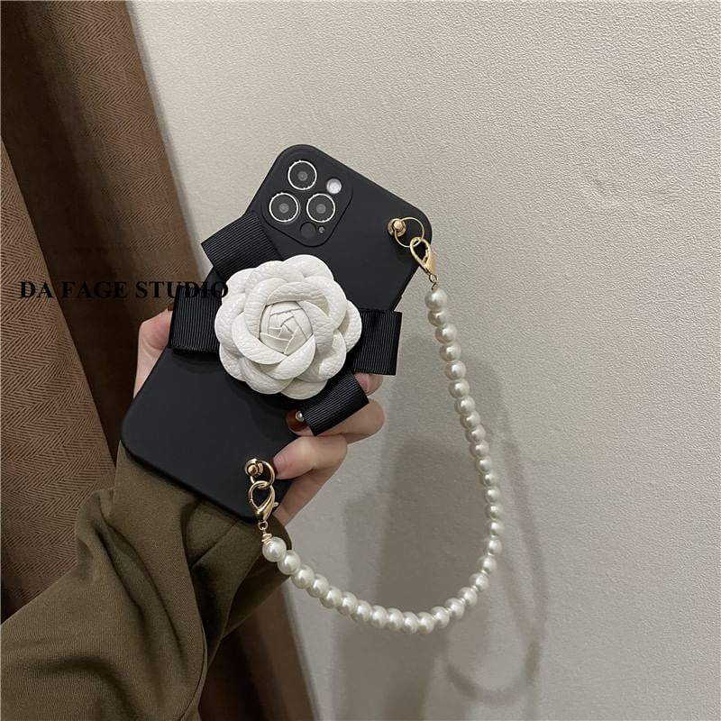 Pearl Faux Strap Floral Phone Case
