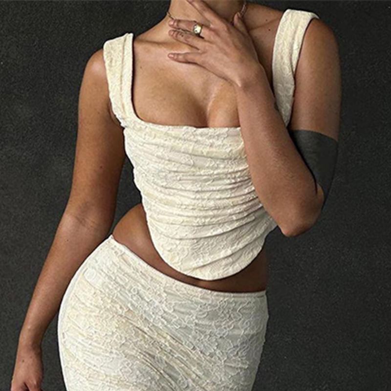 Square Neck Plain Crop Tank Top / High Waist Lace Maxi Mermaid Skirt