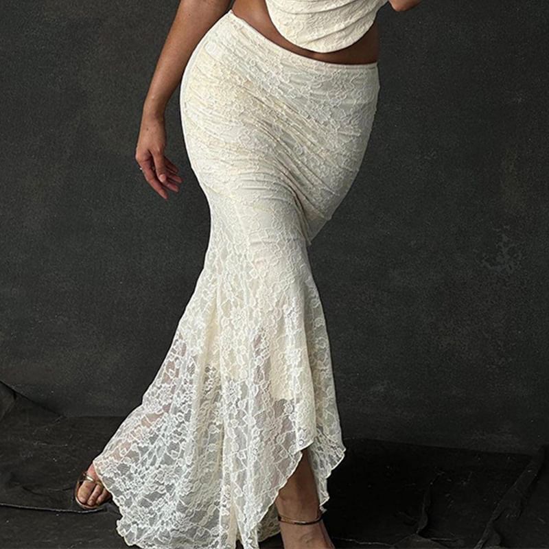 Square Neck Plain Crop Tank Top / High Waist Lace Maxi Mermaid Skirt