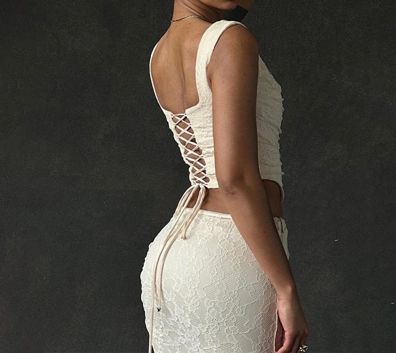 Square Neck Plain Crop Tank Top / High Waist Lace Maxi Mermaid Skirt