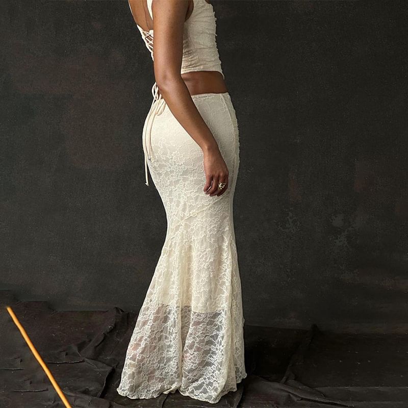 Square Neck Plain Crop Tank Top / High Waist Lace Maxi Mermaid Skirt
