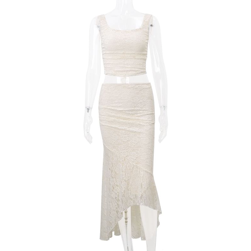 Square Neck Plain Crop Tank Top / High Waist Lace Maxi Mermaid Skirt