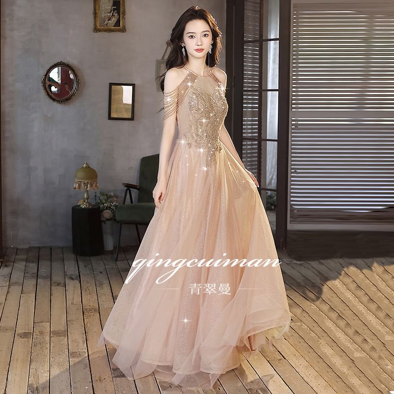 Halter Neck Cold Shoulder Sequin Rhinestone Fringed Mesh A-Line Evening Gown