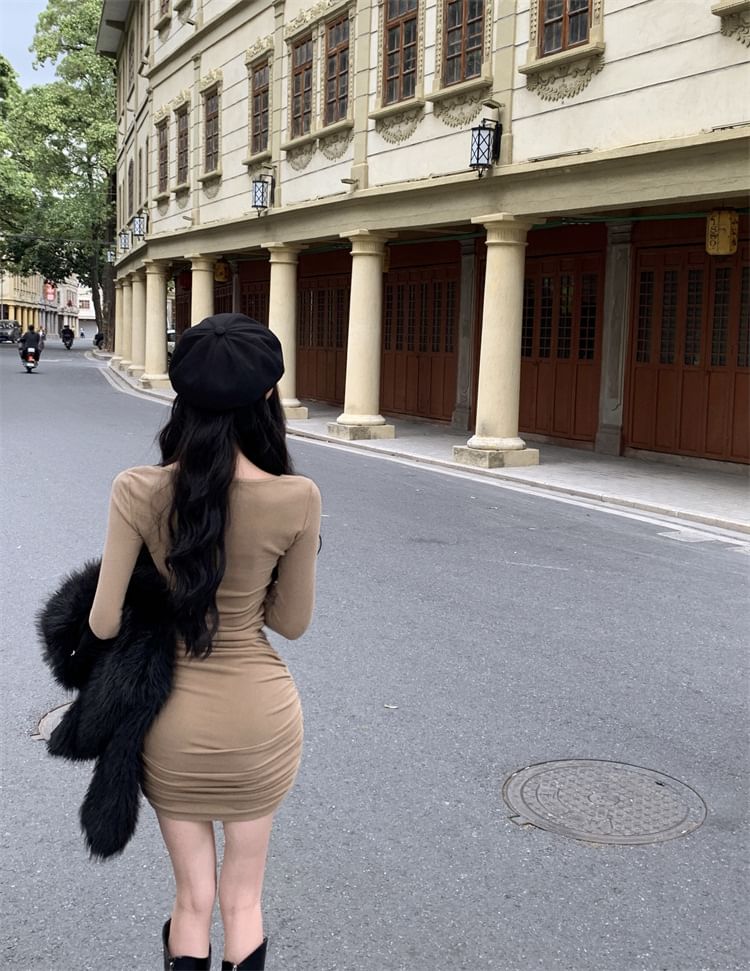 Plain Mini Long-Sleeve Bodycon Dress V-Neck