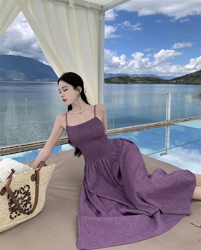 Strap Spaghetti A-Line Plain Dress Midi