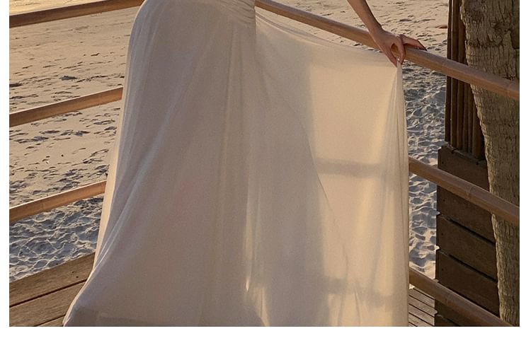 Plain Neckline A-Line Spaghetti Strap Dress Maxi Sweetheart