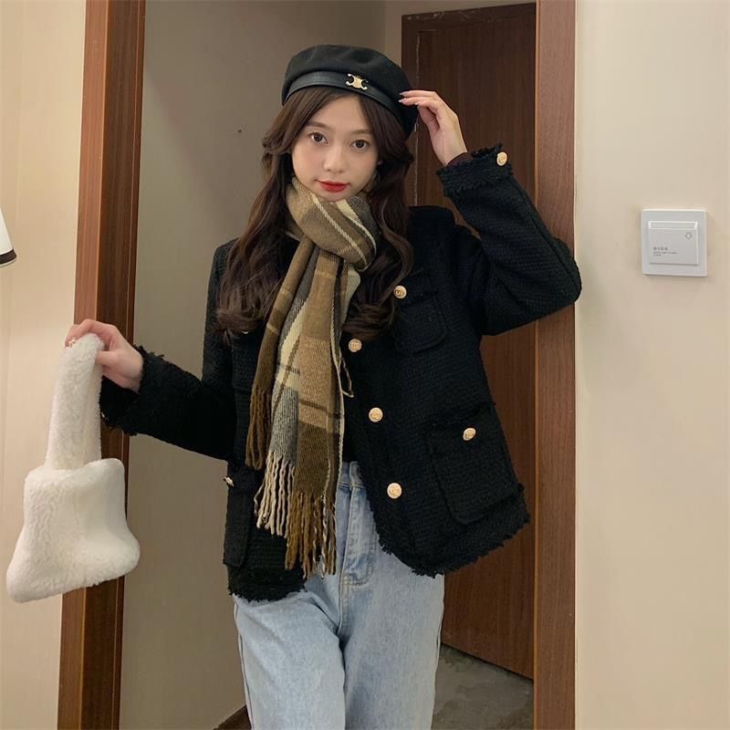 Plain Fringed Tweed Button Jacket