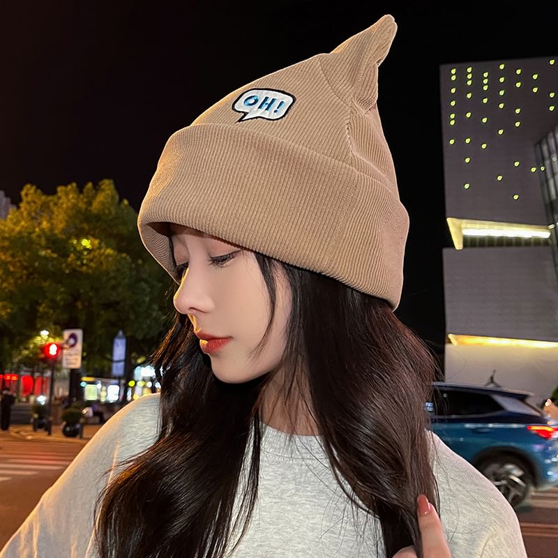 Knit Beanie Ear Embroidered Lettering Cat