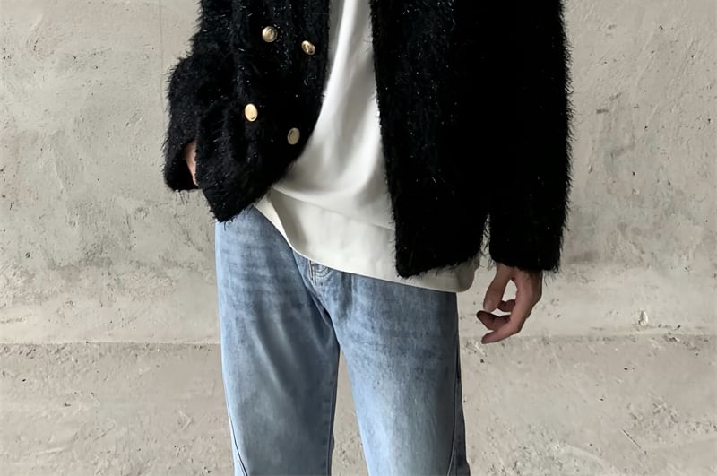 Crew Neck Plain Tweed Double-Breasted Jacket