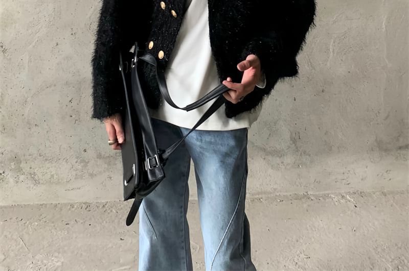 Crew Neck Plain Tweed Double-Breasted Jacket