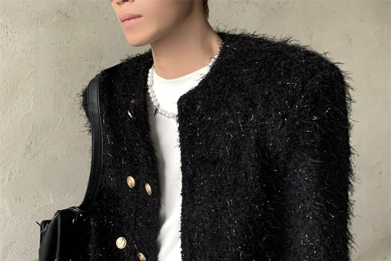 Crew Neck Plain Tweed Double-Breasted Jacket